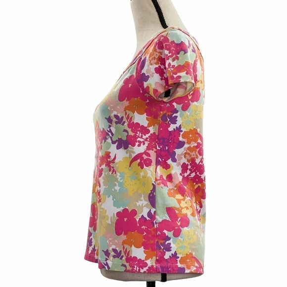 RAFAELLA Allover Multicolored Floral Print Short Sleeve T-Shirt Blouse - Picture 3 of 11